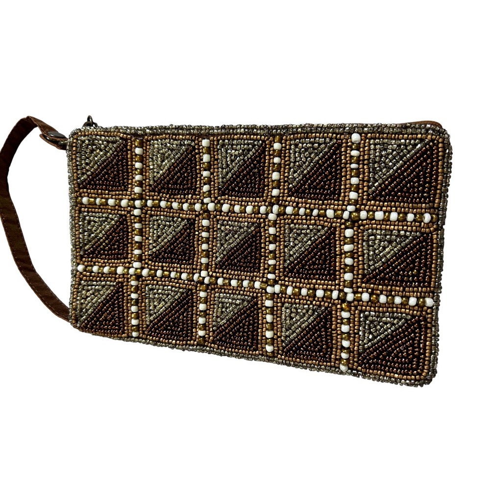 Bamboo Trading Company Beaded Clutch Purse Wristlet Club Bag‎ Brown Geometric